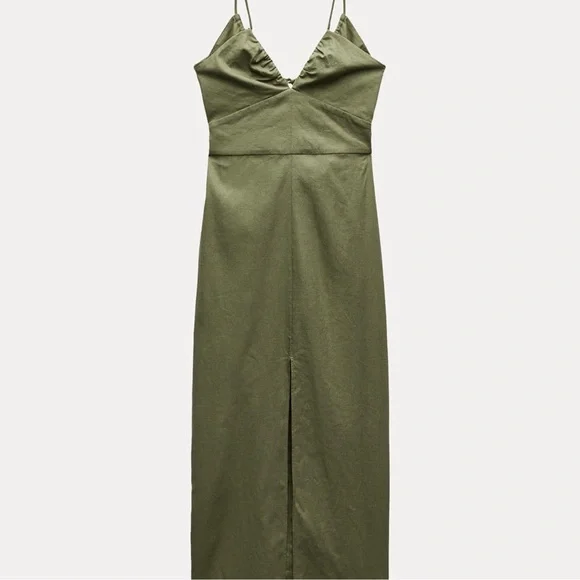 Zara Olive Green Linen Dress Strappy - Picture 4 of 10